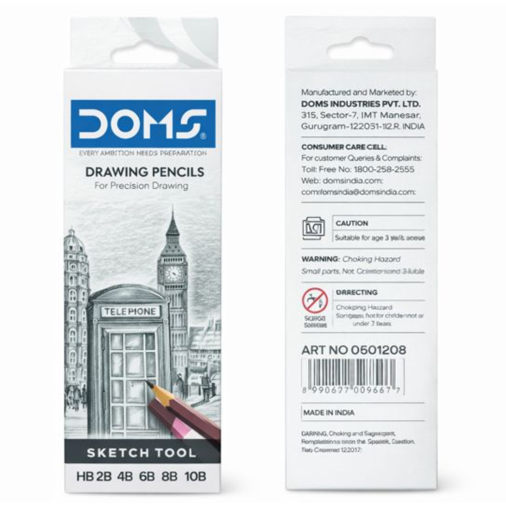 Doms Drawing Pencils for Precision Drawing 5 pieces One Sharpener inside